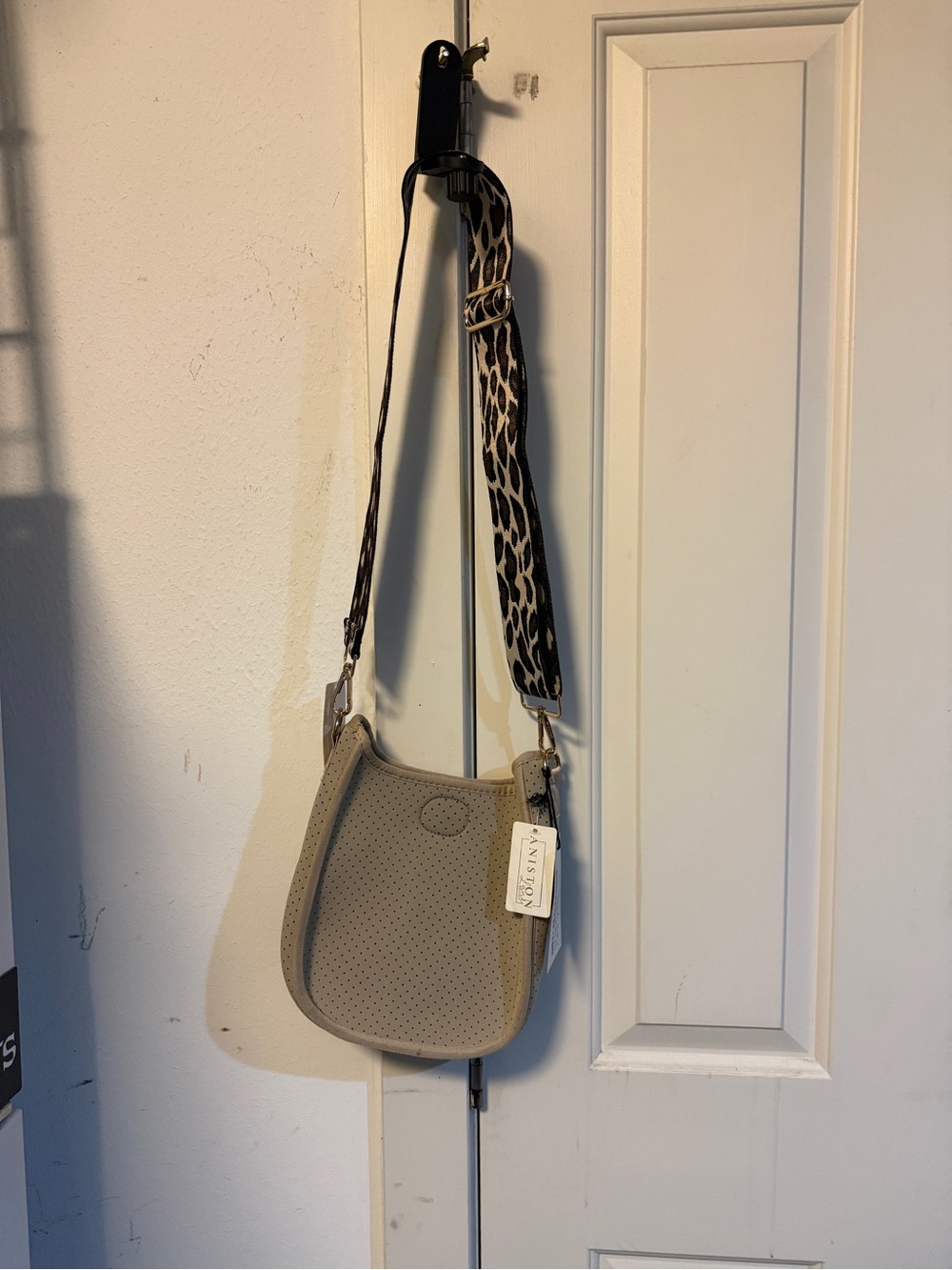 Perforated Taupe Crossbody Bag with Leopard-Print Strap